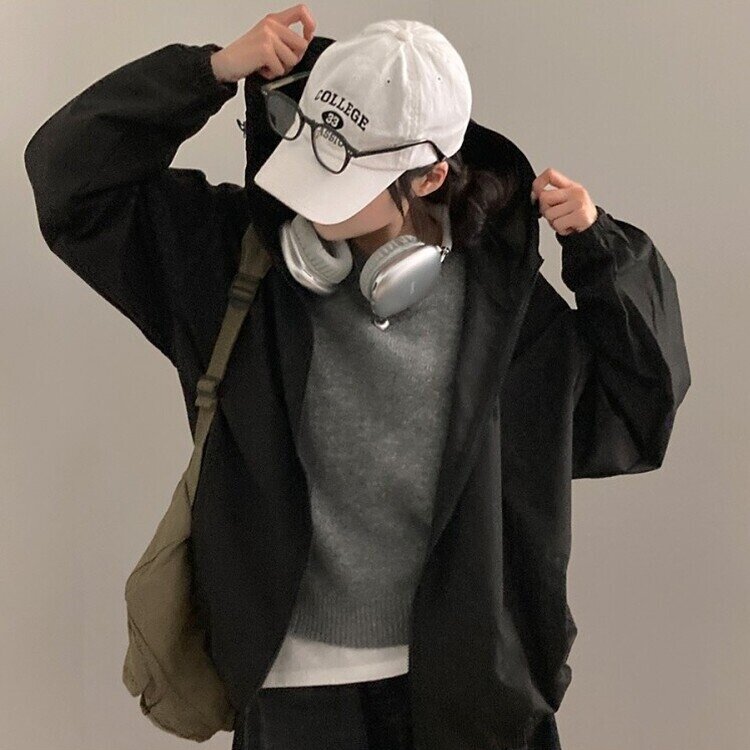 요즘같은 날씨에딱 남녀공용 오버핏 후드 바람막이 점퍼 검정