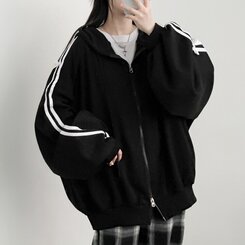 リボンラインオーバーフィットフードジップアップ BLACK