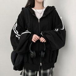 リボンラインオーバーフィットフードジップアップ BLACK