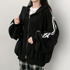 リボンラインオーバーフィットフードジップアップ BLACK