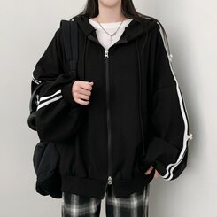 リボンラインオーバーフィットフードジップアップ BLACK