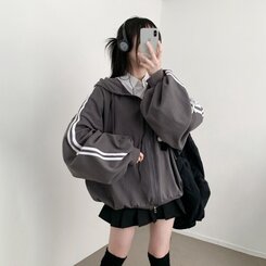 リボンラインオーバーフィットフードジップアップ CHARCOAL