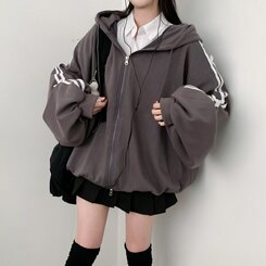 リボンラインオーバーフィットフードジップアップ CHARCOAL