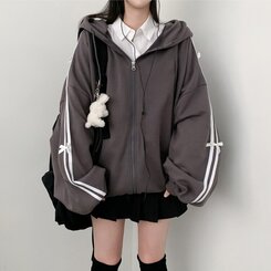 リボンラインオーバーフィットフードジップアップ CHARCOAL