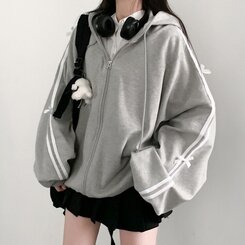 リボンラインオーバーフィットフードジップアップ GRAY