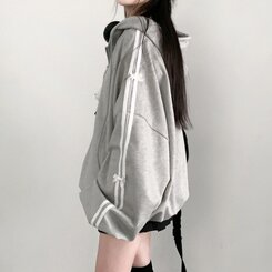 リボンラインオーバーフィットフードジップアップ GRAY