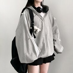 リボンラインオーバーフィットフードジップアップ GRAY