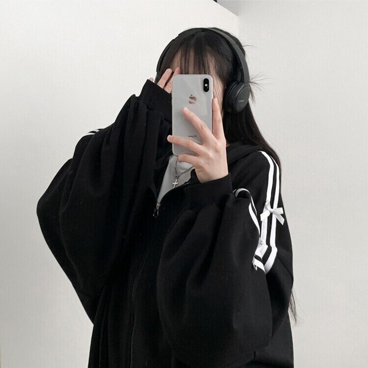 リボンラインオーバーフィットフードジップアップ BLACK