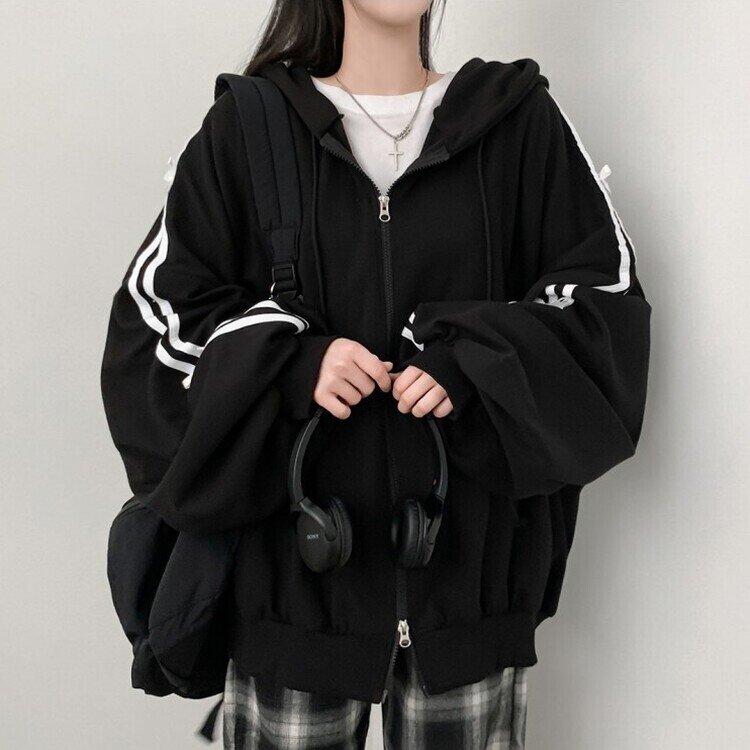 リボンラインオーバーフィットフードジップアップ BLACK