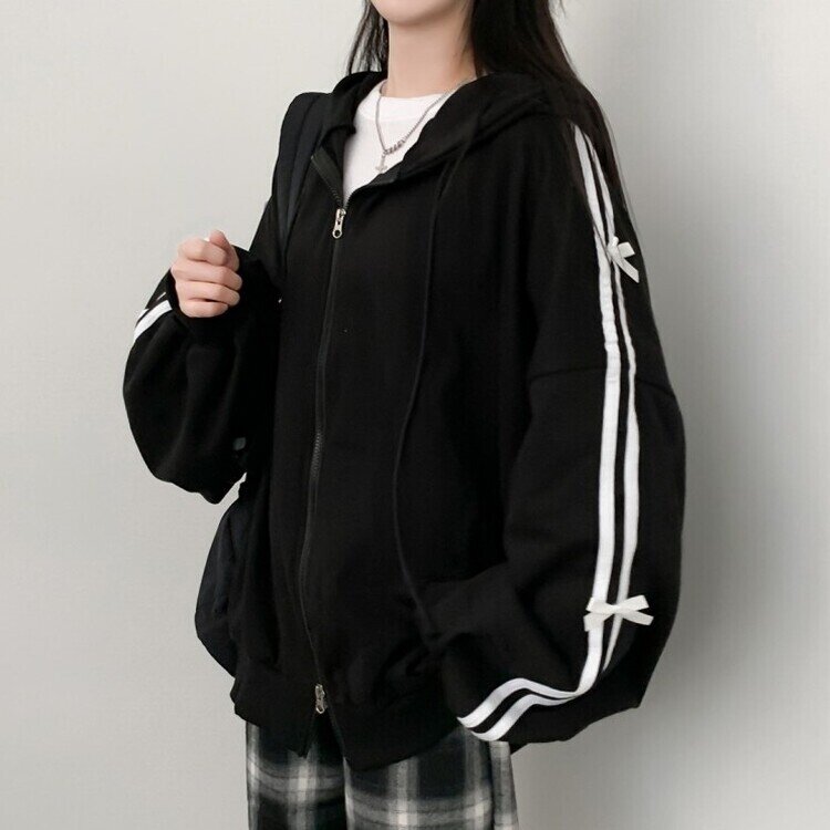 リボンラインオーバーフィットフードジップアップ BLACK