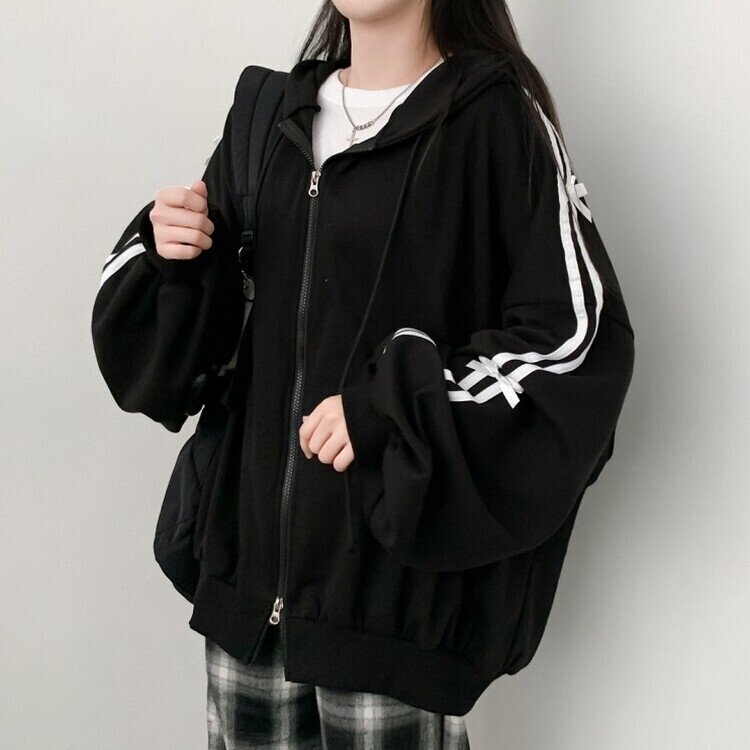 リボンラインオーバーフィットフードジップアップ BLACK
