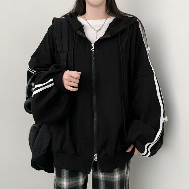 リボンラインオーバーフィットフードジップアップ BLACK