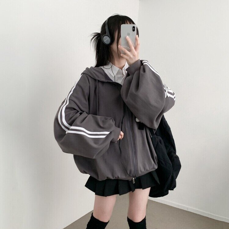 リボンラインオーバーフィットフードジップアップ CHARCOAL