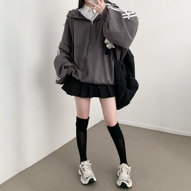 リボンラインオーバーフィットフードジップアップ CHARCOAL