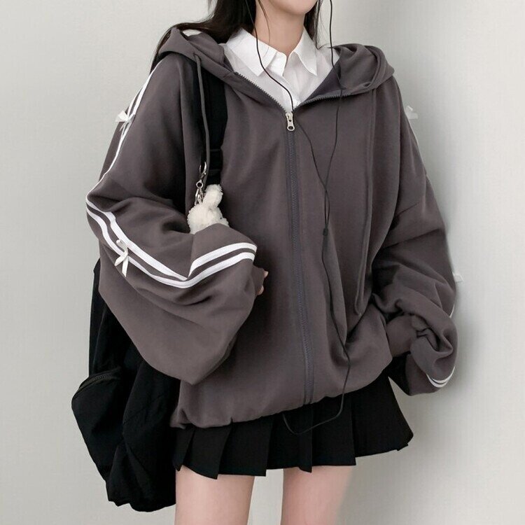 リボンラインオーバーフィットフードジップアップ CHARCOAL