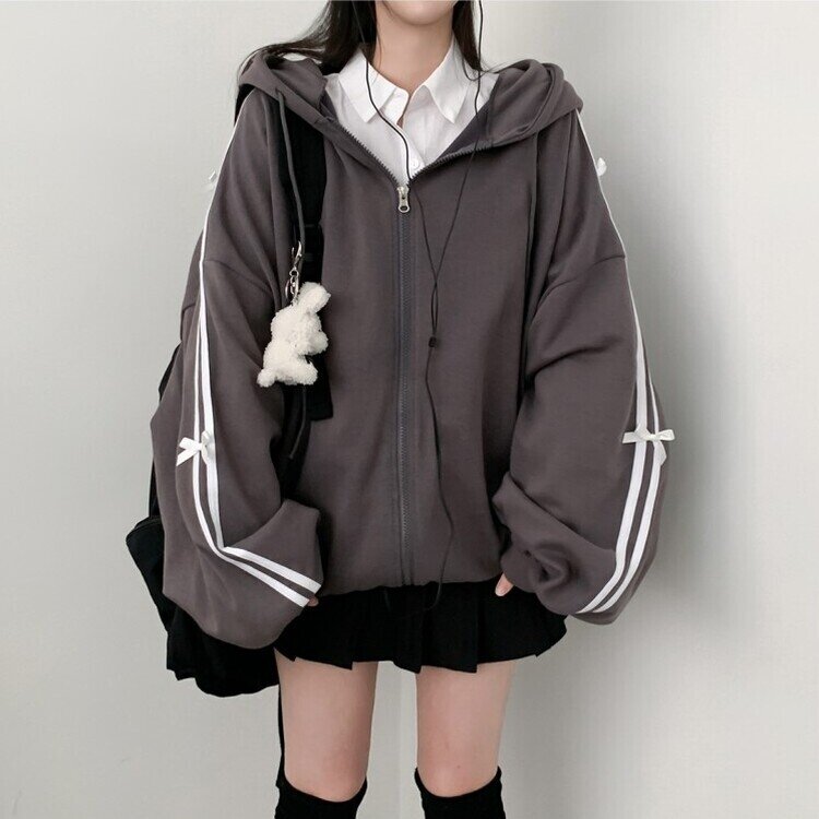 リボンラインオーバーフィットフードジップアップ CHARCOAL