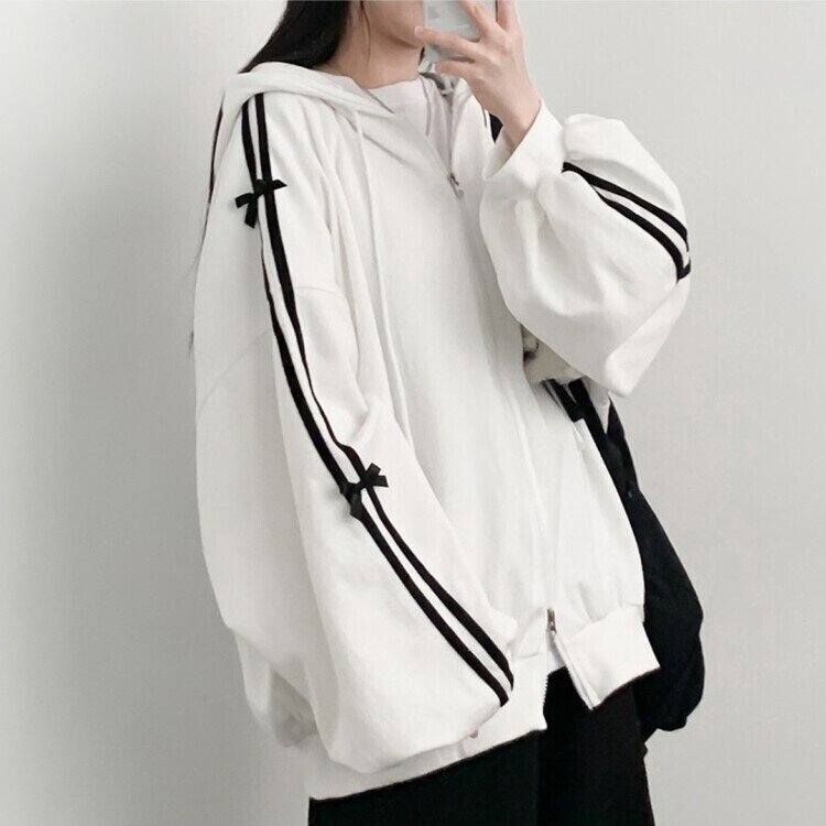 リボンラインオーバーフィットフードジップアップ IVORY