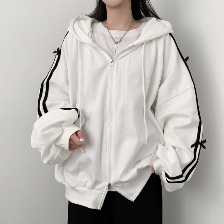 リボンラインオーバーフィットフードジップアップ IVORY