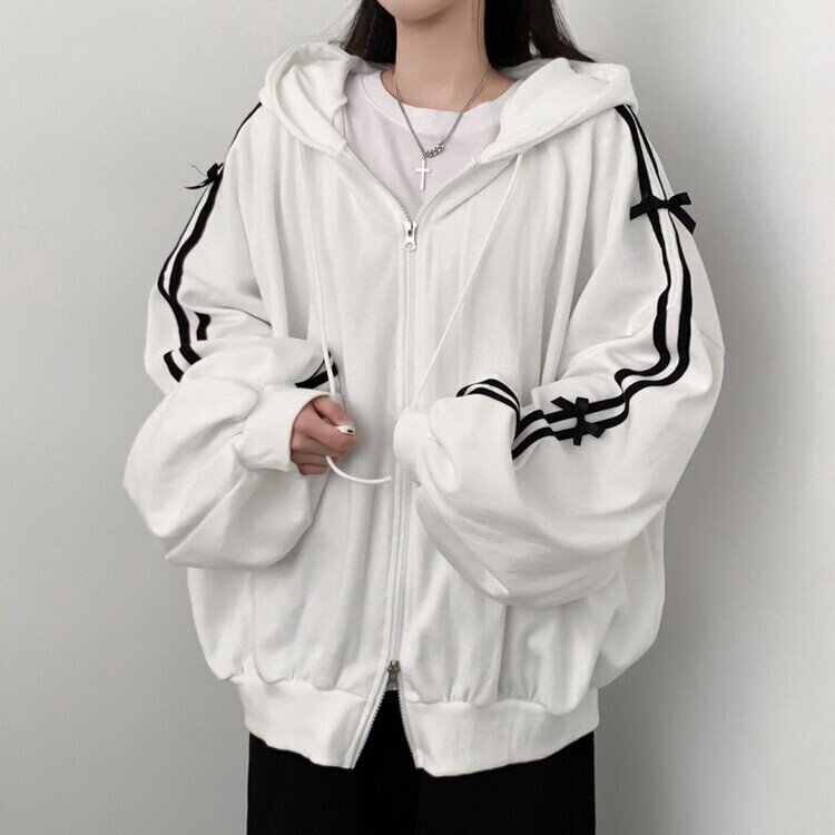 リボンラインオーバーフィットフードジップアップ IVORY