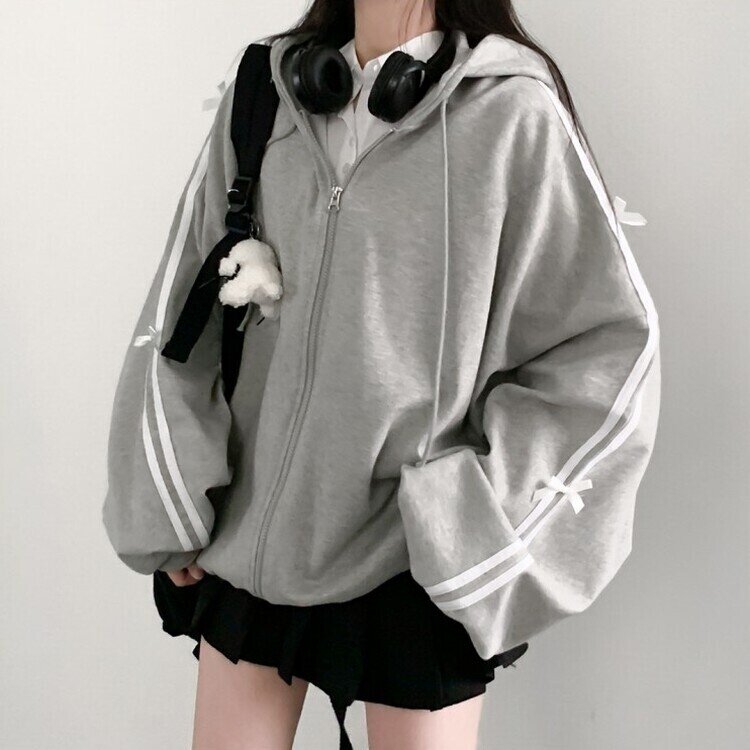 リボンラインオーバーフィットフードジップアップ GRAY