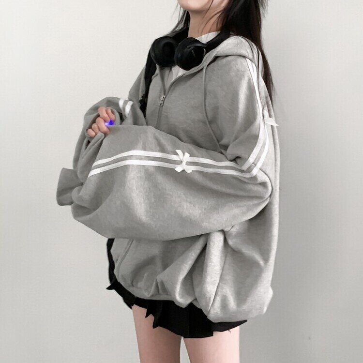 リボンラインオーバーフィットフードジップアップ GRAY