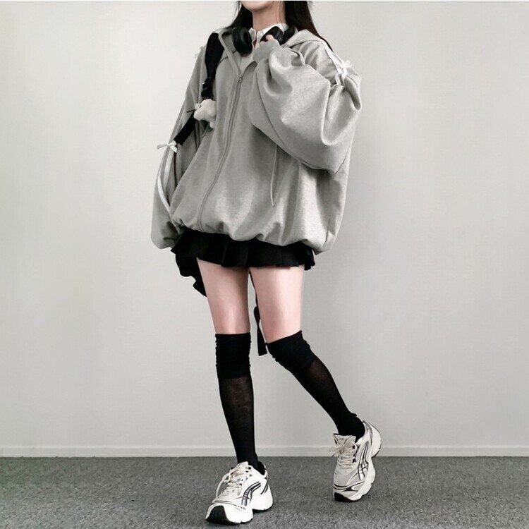 リボンラインオーバーフィットフードジップアップ GRAY