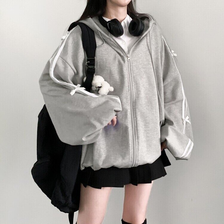 リボンラインオーバーフィットフードジップアップ GRAY