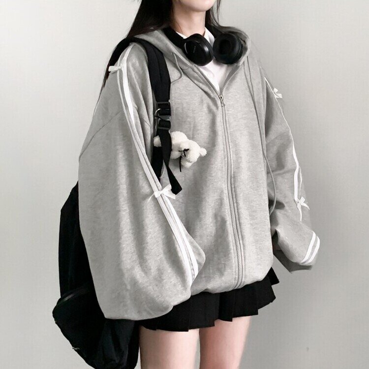 リボンラインオーバーフィットフードジップアップ GRAY