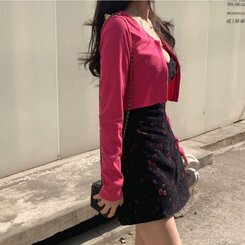 【SET】フラワー刺繍ビスチェワンピース チェーンカーディガン INDIE PINK-CARDIGAN