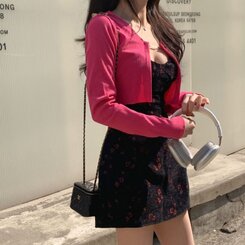 【SET】フラワー刺繍ビスチェワンピース チェーンカーディガン INDIE PINK-CARDIGAN