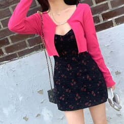 【SET】フラワー刺繍ビスチェワンピース チェーンカーディガン INDIE PINK-CARDIGAN