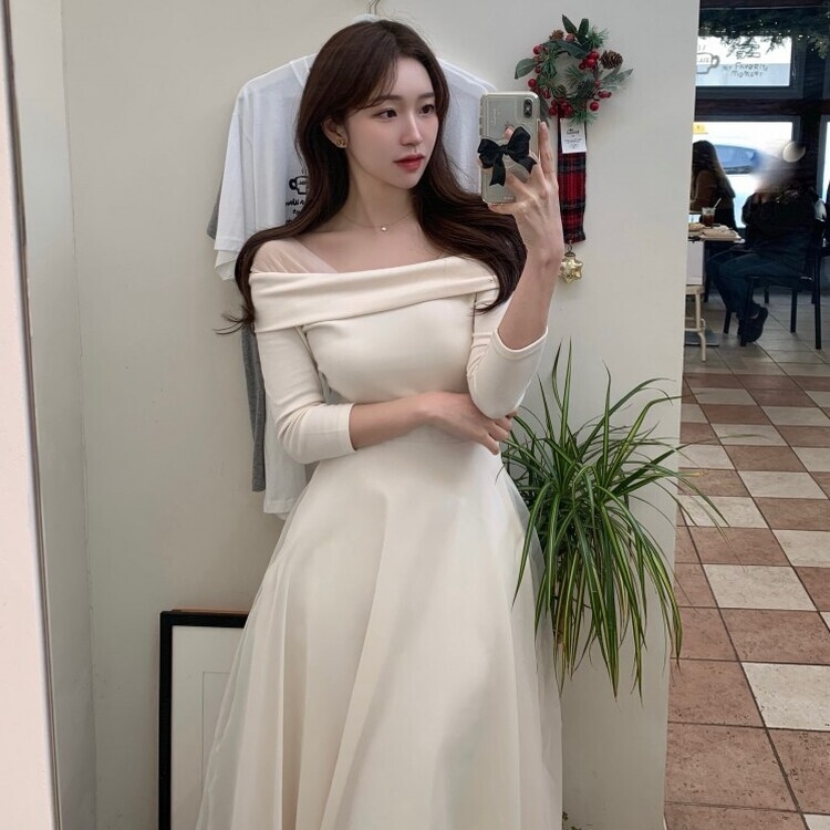 シャーリングアンバランスシフォンロングワンピース IVORY