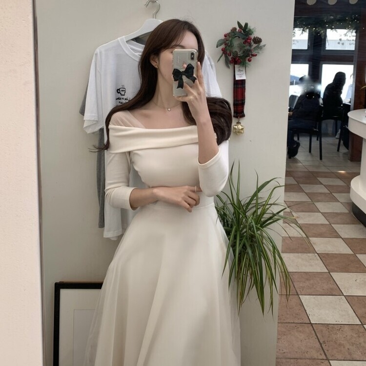 シャーリングアンバランスシフォンロングワンピース IVORY