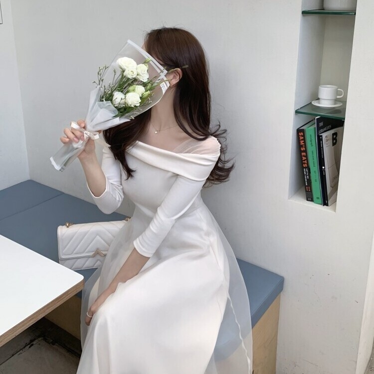 シャーリングアンバランスシフォンロングワンピース IVORY