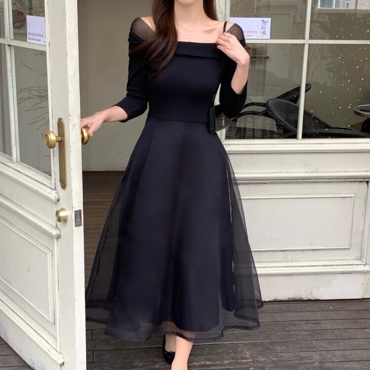 シャーリングアンバランスシフォンロングワンピース BLACK