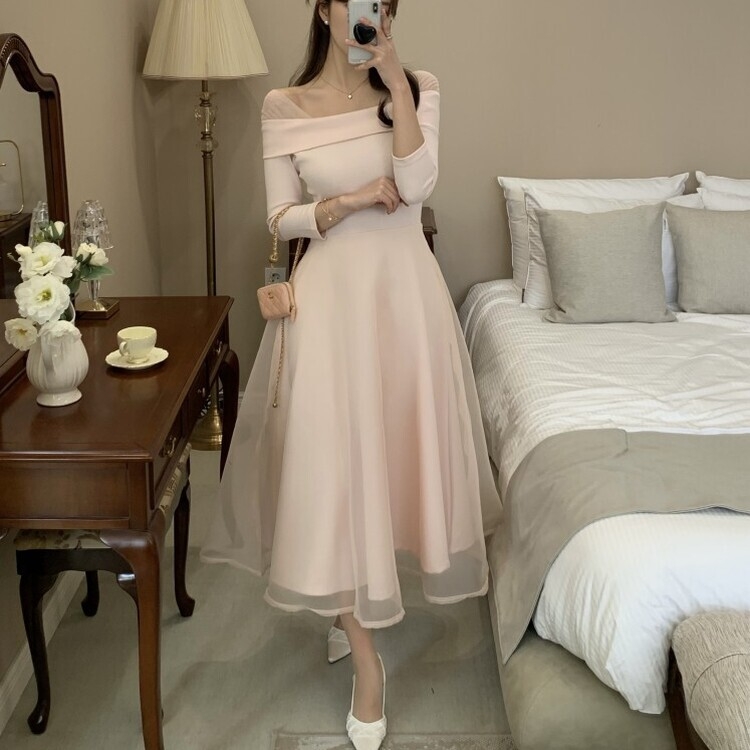 シャーリングアンバランスシフォンロングワンピース PINK