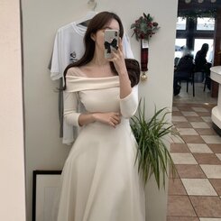 シャーリングアンバランスシフォンロングワンピース IVORY