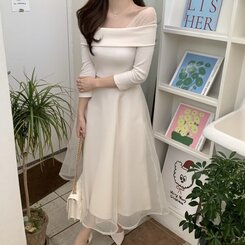 シャーリングアンバランスシフォンロングワンピース IVORY