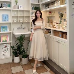 シャーリングアンバランスシフォンロングワンピース IVORY