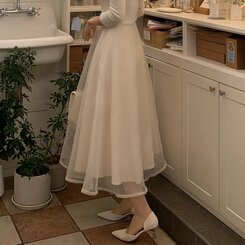 シャーリングアンバランスシフォンロングワンピース IVORY