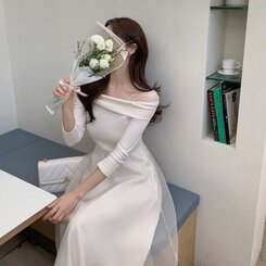 シャーリングアンバランスシフォンロングワンピース IVORY