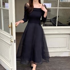 シャーリングアンバランスシフォンロングワンピース BLACK