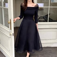 シャーリングアンバランスシフォンロングワンピース BLACK