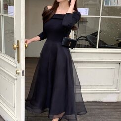 シャーリングアンバランスシフォンロングワンピース BLACK