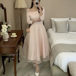 シャーリングアンバランスシフォンロングワンピース PINK