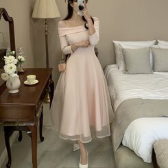 シャーリングアンバランスシフォンロングワンピース PINK