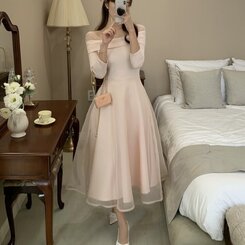 シャーリングアンバランスシフォンロングワンピース PINK