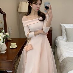 シャーリングアンバランスシフォンロングワンピース PINK