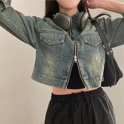 ポケットツーウェイデニムクロップバイカージャケット DENIM