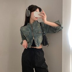 ポケットツーウェイデニムクロップバイカージャケット DENIM